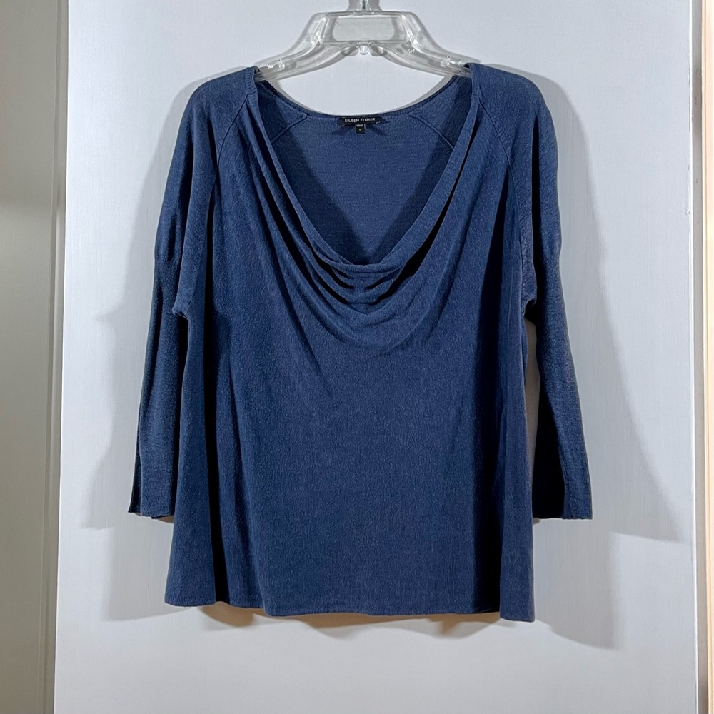 Eileen Fisher cowl neck sweater in blue silk-linen blend knit. Size: large